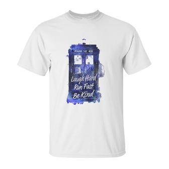 Ripple Junction Doctor Who Laugh Hard Run Fast Watercolor Tardis Junior Unisex T-Shirt | Favorety