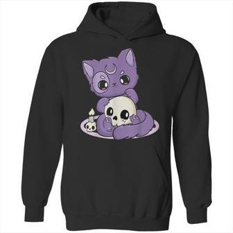 Kawaii Pastel Goth Cute Creepy Black Cat And Skull Anime Nu Hoodie | Favorety UK