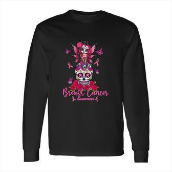 Funny Ribbon Like A Girl Sugar Skull Fight Breast Cancer Awareness Long Sleeve T-Shirt | Favorety CA