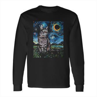 Gray Tabby Tiger Cat Starry Night Moon And Stars Art By Aja Long Sleeve T-Shirt | Favorety CA