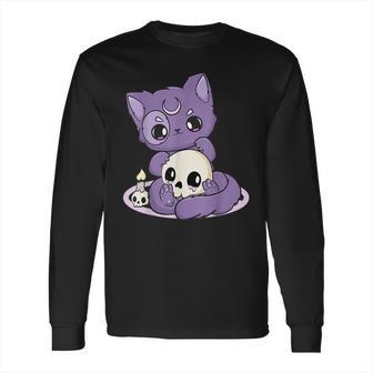 Kawaii Pastel Goth Cute Creepy Black Cat And Skull Anime Nu Long Sleeve T-Shirt | Favorety CA