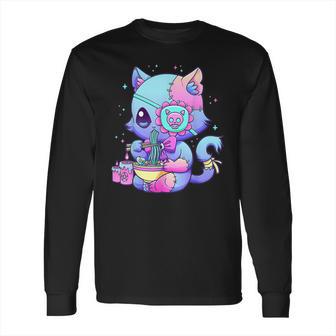 Pastel Goth Aestic Kawaii Creepy Cat Eating Ramen Noodles Long Sleeve T-Shirt | Favorety CA