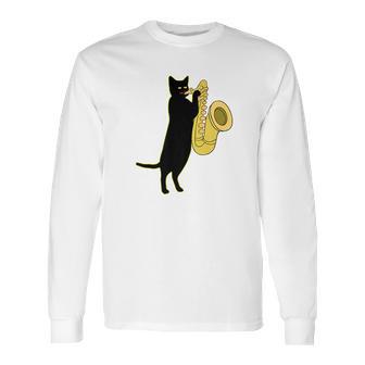 Cat Playing Saxophone Shirt Cool Wind Instrument Sax Gift Long Sleeve T-Shirt | Favorety AU