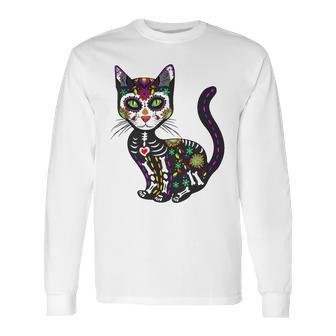 Cute Sugar Skull Mexican Cat Halloween Day Of The Dead Long Sleeve T-Shirt | Favorety DE