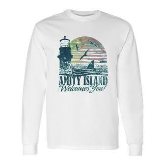 Jaws Amity Island Welcomes You Lighthouse Mahi Heather Long Sleeve T-Shirt | Favorety