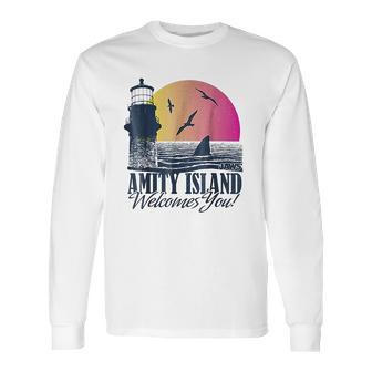 Jaws Sun Set Amity Island Welcomes You Graphic Long Sleeve T-Shirt | Favorety