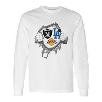 Oakland Raiders Los Angeles Lakers And Los Angeles Dodgers Heartbeat Shirt Tshirt T Shirt Tee Long Sleeve T-Shirt | Favorety AU