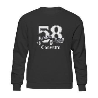 1958 Corvette Three Quarter View With Year And Model Dark Color Sweatshirt | Favorety DE