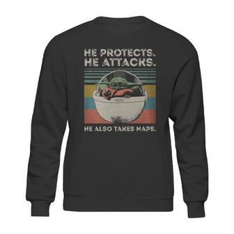 Baby Yoda He Protects He Attacks He Also Takes Naps Vintage Shirt Sweatshirt | Favorety DE