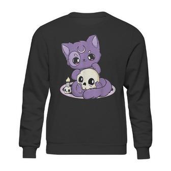 Kawaii Pastel Goth Cute Creepy Black Cat And Skull Anime Nu Sweatshirt | Favorety CA