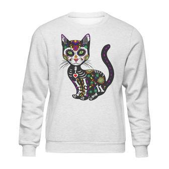 Cute Sugar Skull Mexican Cat Halloween Day Of The Dead Sweatshirt | Favorety