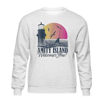 Jaws Sun Set Amity Island Welcomes You Graphic Sweatshirt | Favorety DE