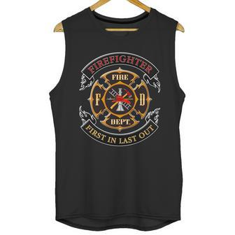 Firefighter Biker Logo First In Last Out Unisex Tank Top | Favorety