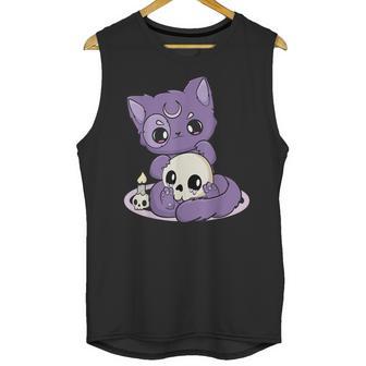 Kawaii Pastel Goth Cute Creepy Black Cat And Skull Anime Nu Unisex Tank Top | Favorety