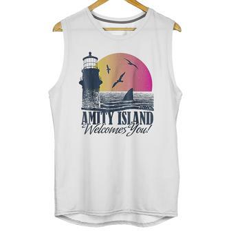 Jaws Sun Set Amity Island Welcomes You Graphic Unisex Tank Top | Favorety