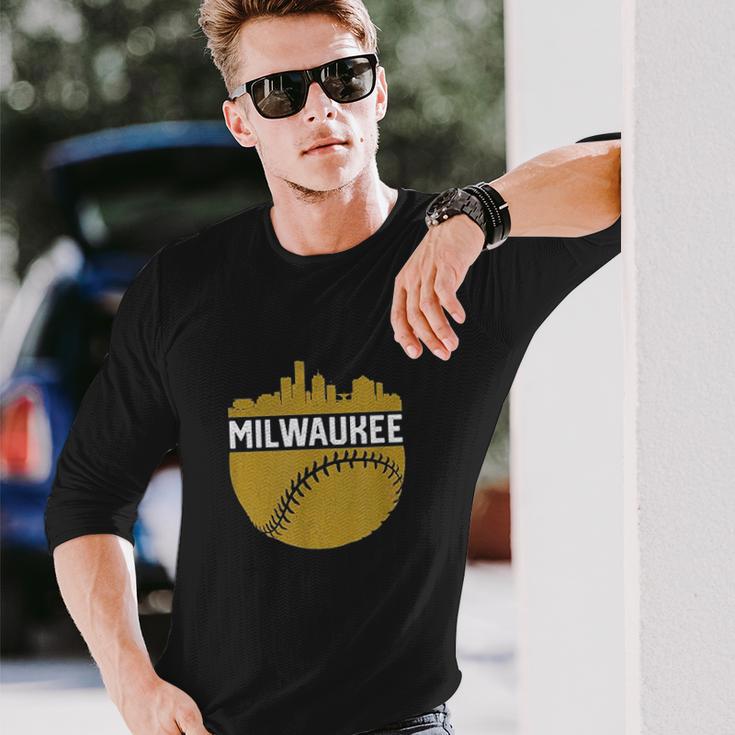 Vintage Downtown Milwaukee Wisconsin Skyline Baseball Unisex Long Sleeve Gifts for Him