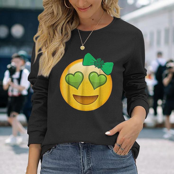 Emoji Saint Patricks Day Girls Green Heart Eyes Bow Unisex Long Sleeve Gifts for Her