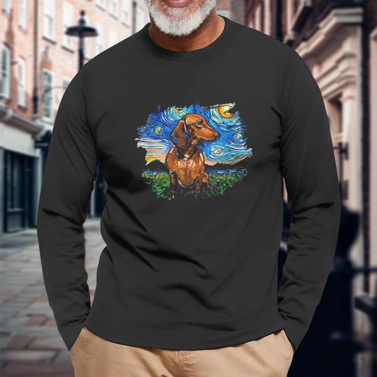 Brown Short Hair Dachshund Starry Night Dog Art By Aja Unisex Long Sleeve Gifts for Old Men