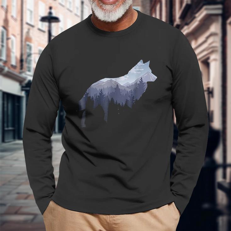 Lone Wolf Survives The Mountain Silhouette Art Unisex Long Sleeve Gifts for Old Men