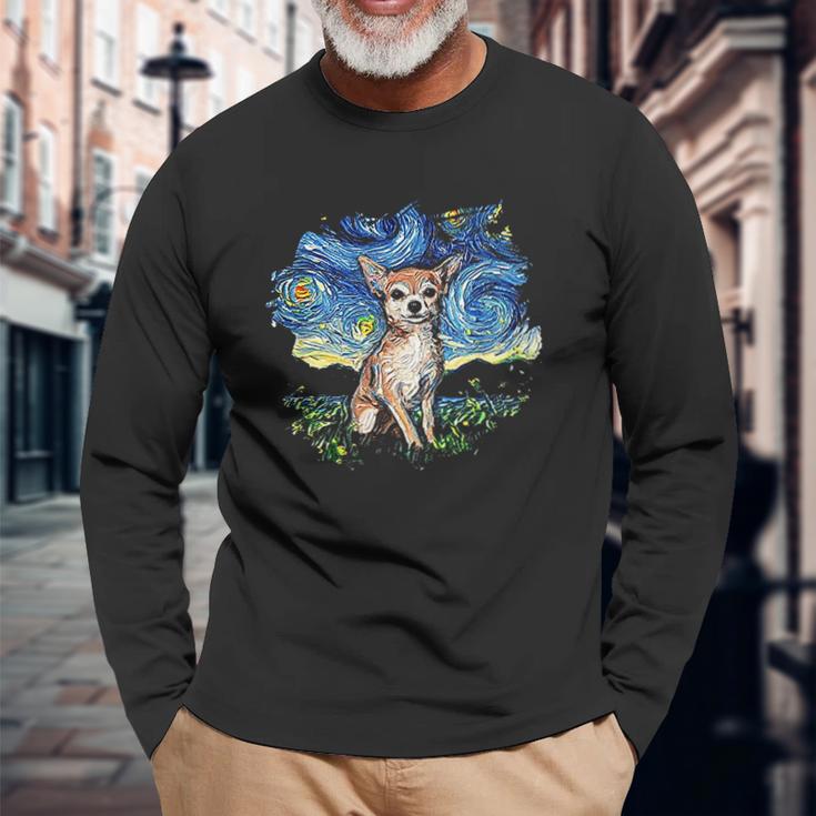 Tan Chihuahua Starry Night Impressionist Dog Art Unisex Long Sleeve Gifts for Old Men