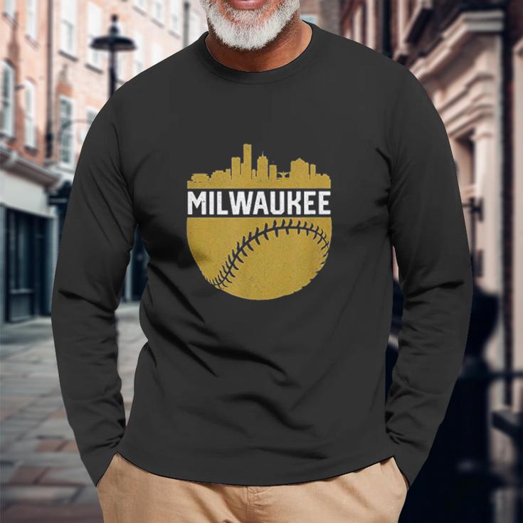 Vintage Downtown Milwaukee Wisconsin Skyline Baseball Unisex Long Sleeve Gifts for Old Men