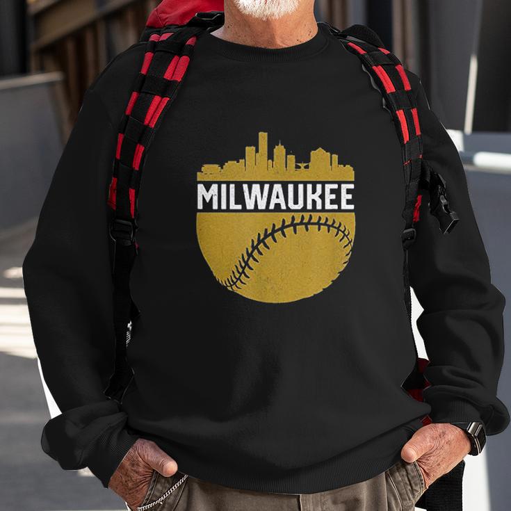 Vintage Downtown Milwaukee Wisconsin Skyline Baseball Sweatshirt Gifts for Old Men