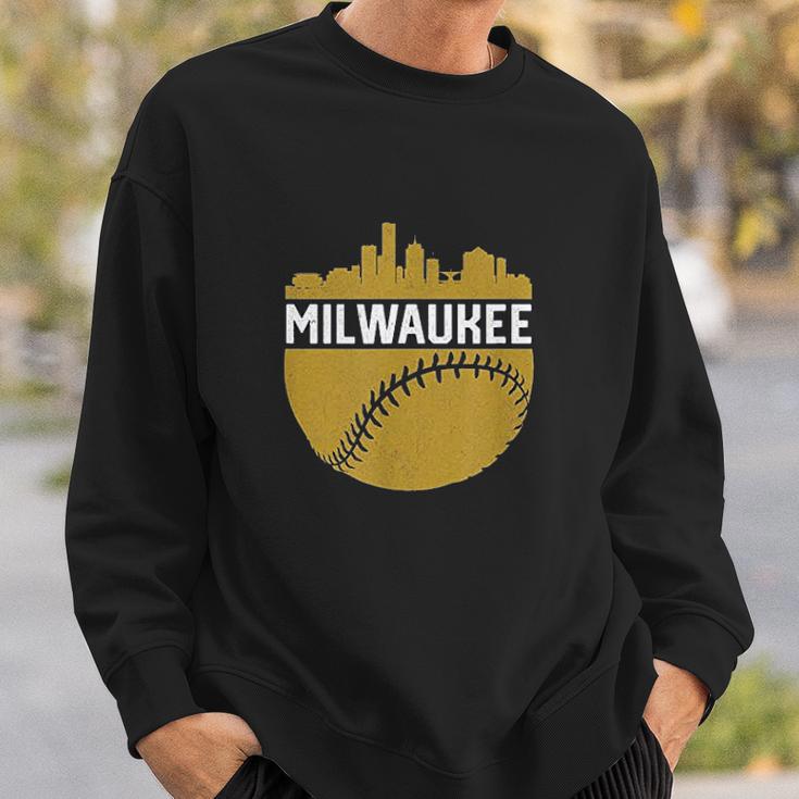 Vintage Downtown Milwaukee Wisconsin Skyline Baseball Sweatshirt Gifts for Him