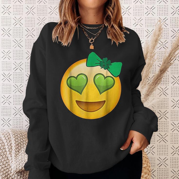 Emoji Saint Patricks Day Girls Green Heart Eyes Bow Sweatshirt Gifts for Her