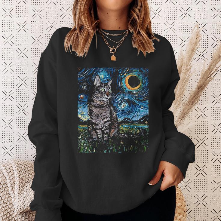 Gray Tabby Tiger Cat Starry Night Moon And Stars Art By Aja Sweatshirt Gifts for Her