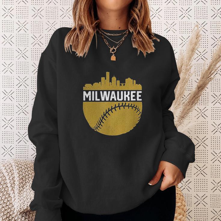 Vintage Downtown Milwaukee Wisconsin Skyline Baseball Sweatshirt Gifts for Her