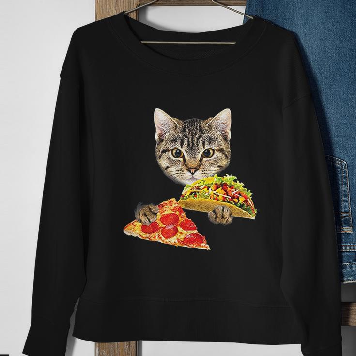 Cat Eating Taco And Pizza Shirt Funny Kitty By Zany Brainy Sweatshirt Gifts for Old Women