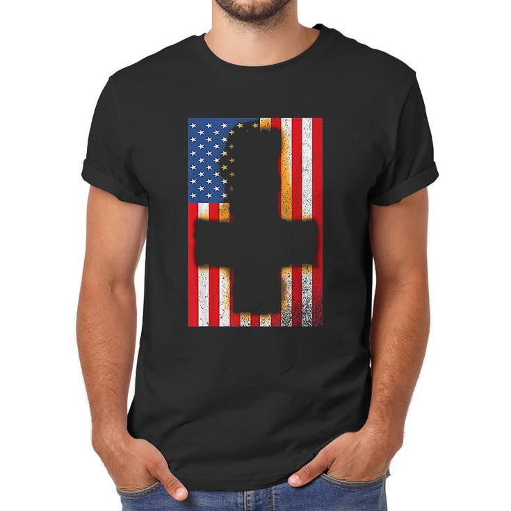 Burned Upside & Down Cross American Flag Satanism Men T-Shirt