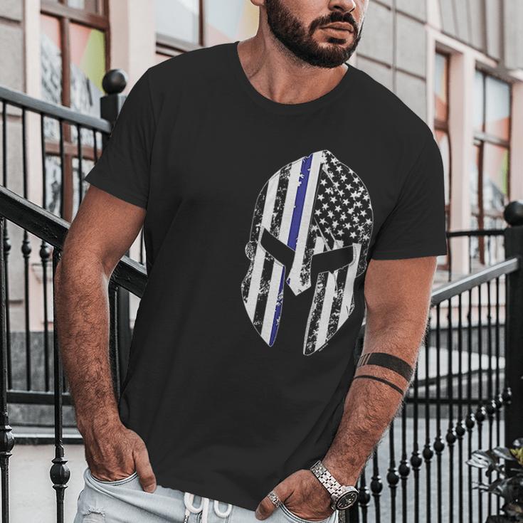 Blue Line American Flag Spartan Head Men T-Shirt