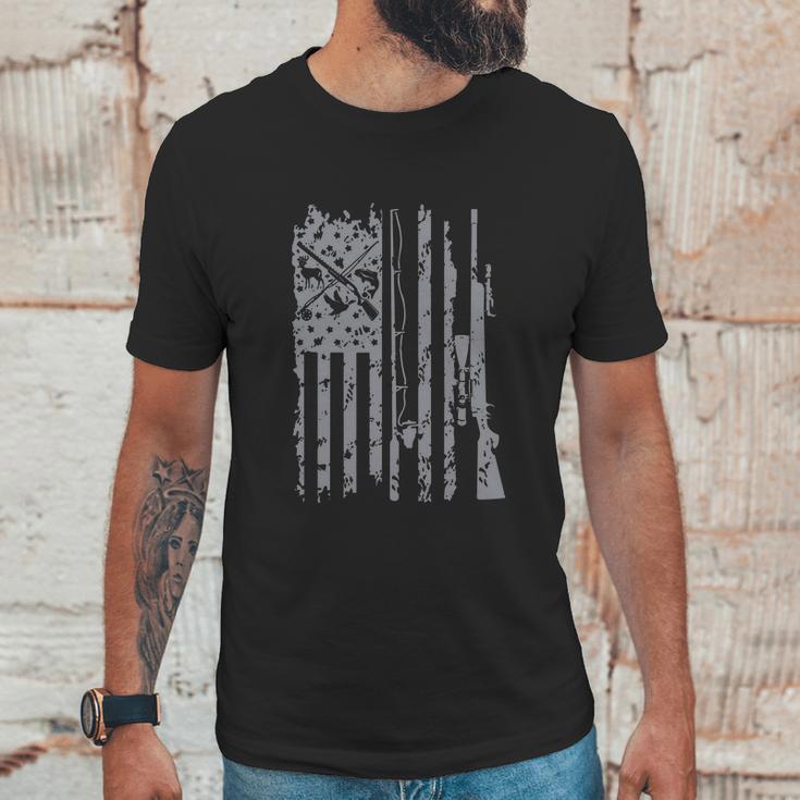 Cool Fishing Rod Hunting Rifle American Flag Gift Men T-Shirt