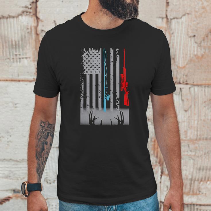 Fishing Rod Hunting Rifle America Flag Shirt Men T-Shirt