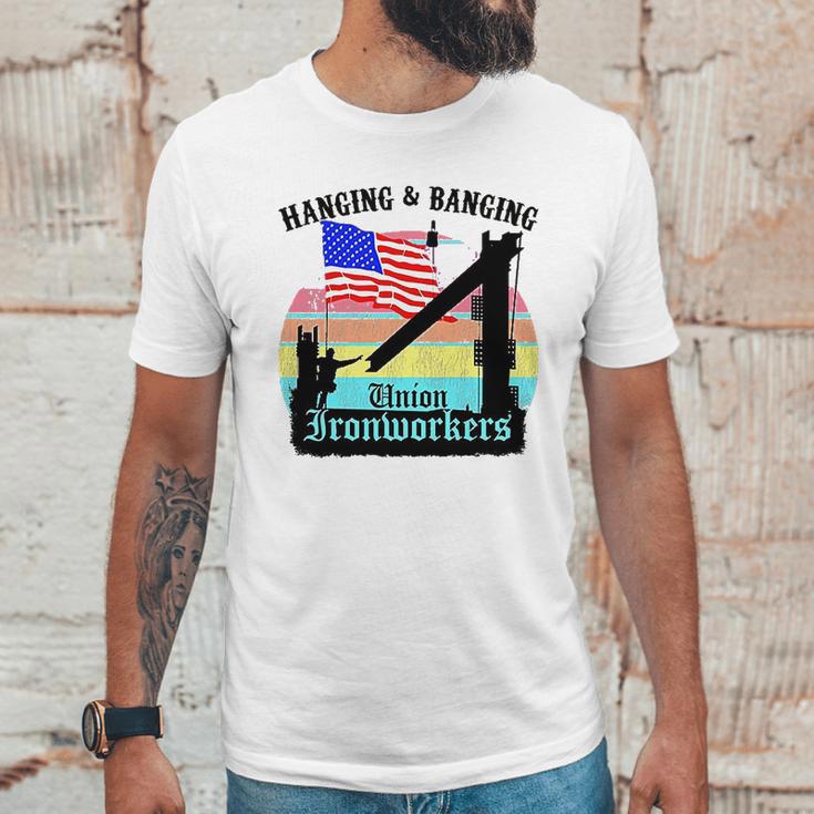 Union Ironworkers Hanging & Banging American Flag Men T-Shirt