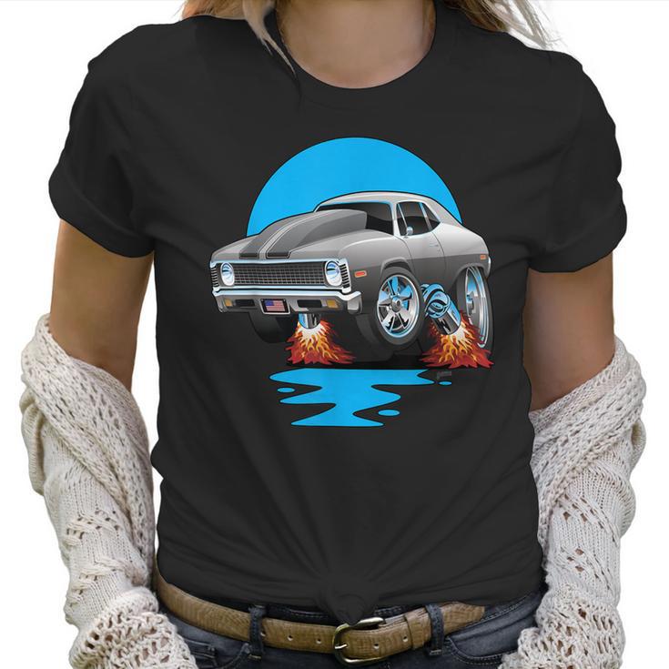 Classic Seventies Muscle Car Funny Dragster Hot Rod Cartoon Women T-Shirt