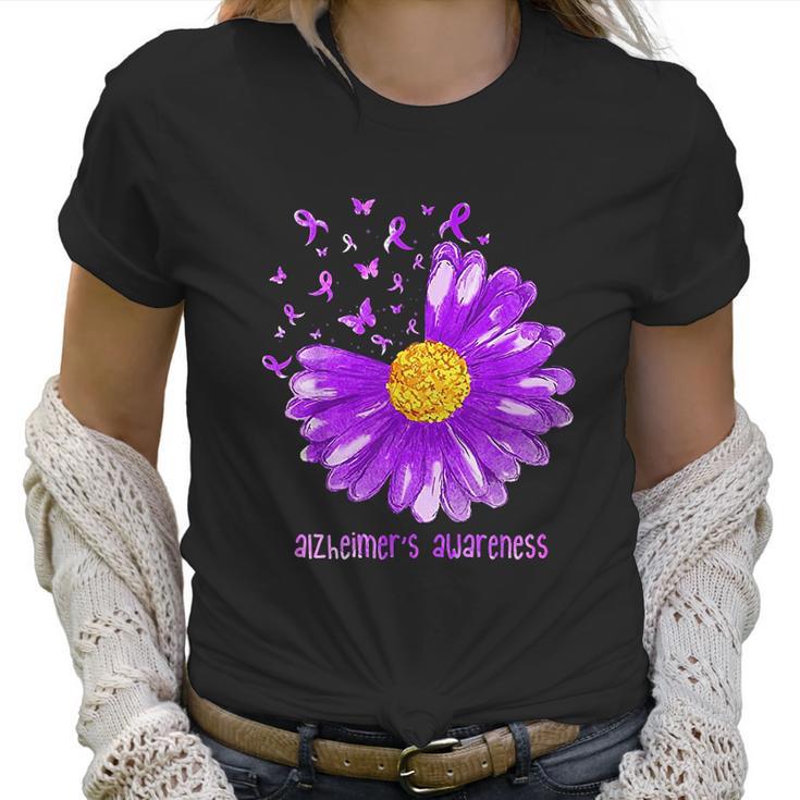 Daisy Butterfly Purple Ribbon Alzheimer Awareness Women T-Shirt