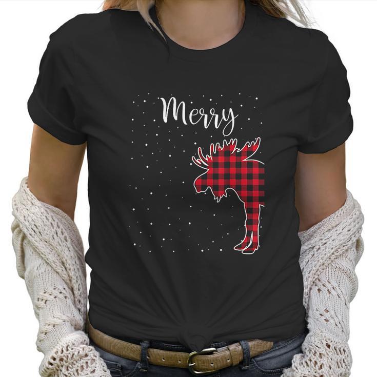 Merry Christmas Red Plaid Buffalo Moose Couples Matching Women T-Shirt