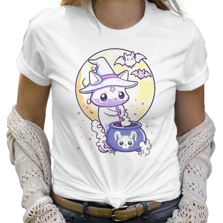 Womens Kawaii Pastel Goth Cute Creepy Witch Cat Wicca V-Neck Women T-Shirt