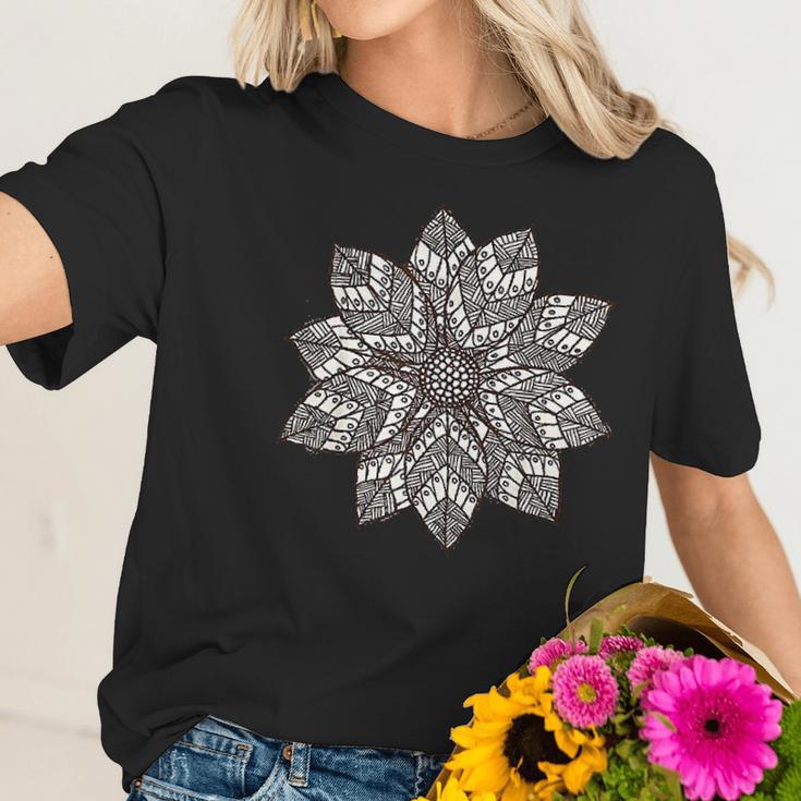 Brown & White Mandala Flower Yoga Sacred Mantra Geometry Women T-Shirt Gifts for Her