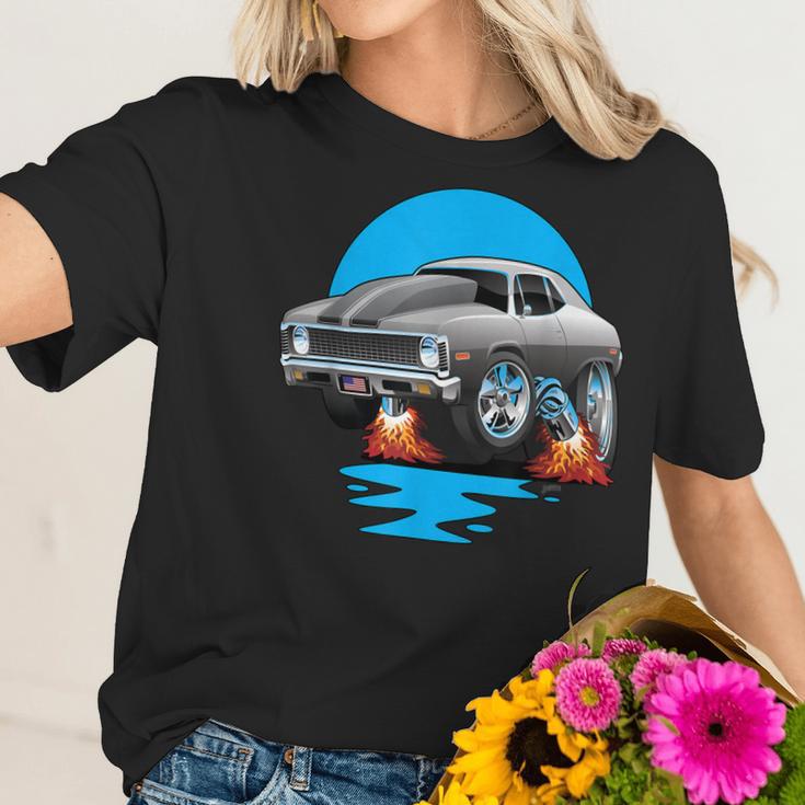 Classic Seventies Muscle Car Funny Dragster Hot Rod Cartoon Women T-Shirt Gifts for Her