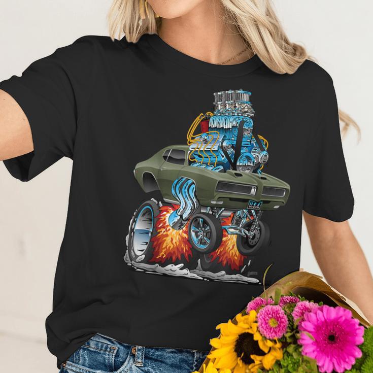 Classic Sixties Muscle Car Funny Dragster Hot Rod Cartoon V6 Women T-Shirt Gifts for Her