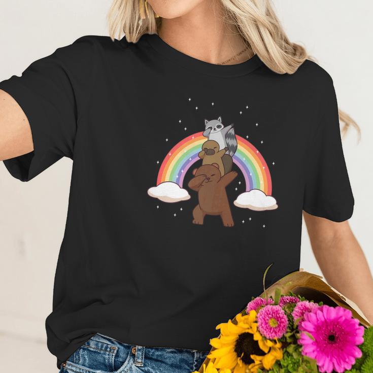 Dabbing Grizzly Bear Platypus Raccoon Rainbow Funny Women T-Shirt Gifts for Her