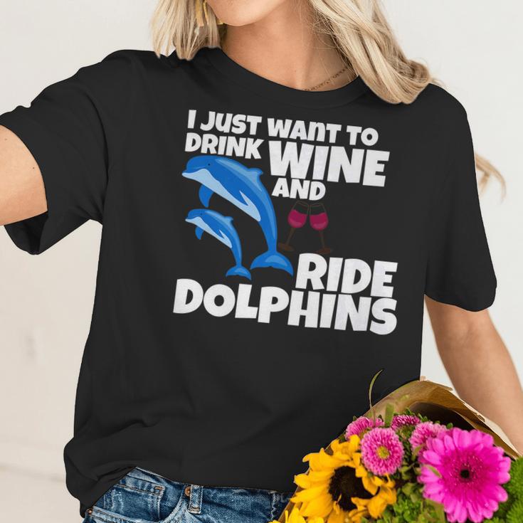 Drink Wine And Ride Dolphins Women Funny Dolphin Tee Women T-Shirt Gifts for Her