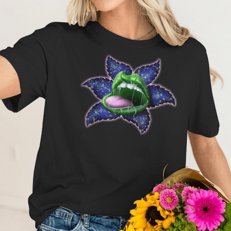 Flower Lip Green Blue Cannabis Marijuana Weed Pot Leaf Lover Women T-Shirt Gifts for Her