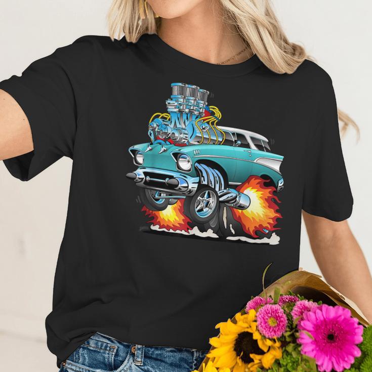 Funny Fifties Style Muscle Car Hot Rod Station Wagon Cartoon Women T-Shirt Gifts for Her