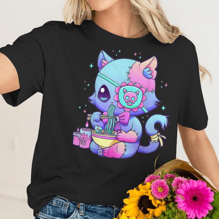 Kawaii Creepy Cat Eating Ramen Noodles Pastel Goth Aesthetic Men Women T-Shirt Graphic Print Casual Unisex Tee Women T-Shirt Gifts for Her