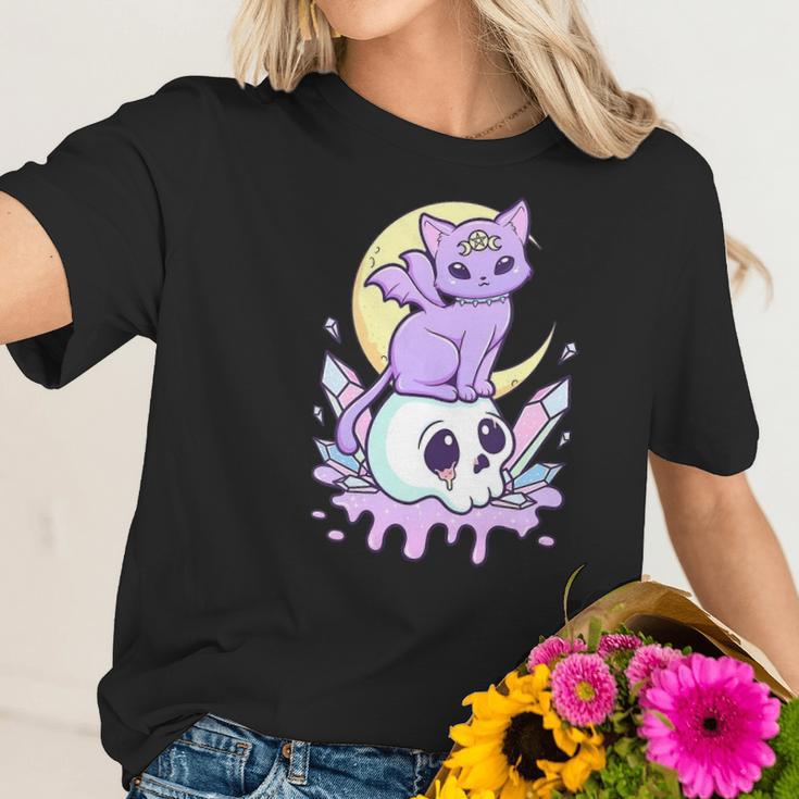 Womens Kawaii Pastel Goth Cute Creepy Witchy Cat And Skull V-Neck Women T-Shirt Gifts for Her