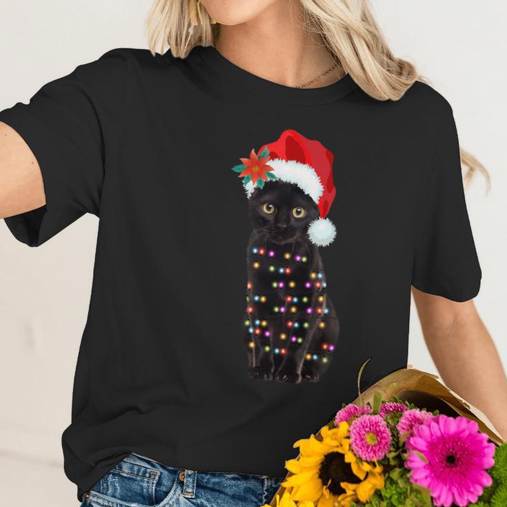 Santa Black Cat Tangled Up In Lights Christmas Santa Women T-Shirt Gifts for Her